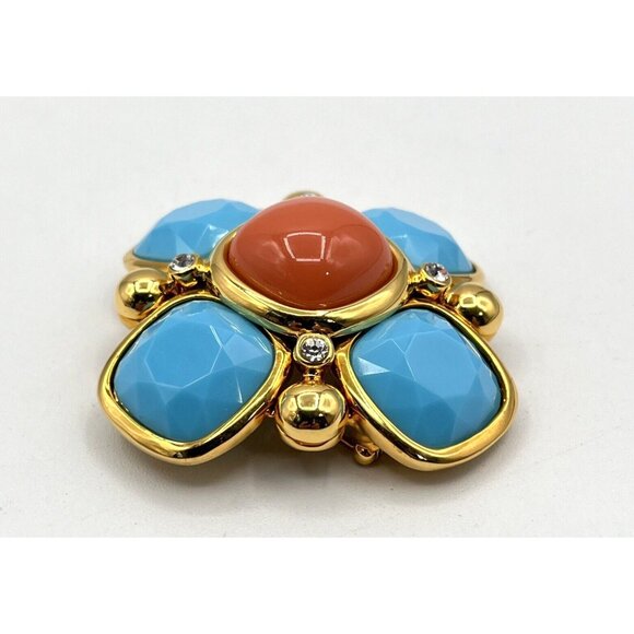 JOAN RIVERS Maltese Brooch Faux Turquoise & Coral Cabochon Brooch 2.25" - Picture 4 of 9